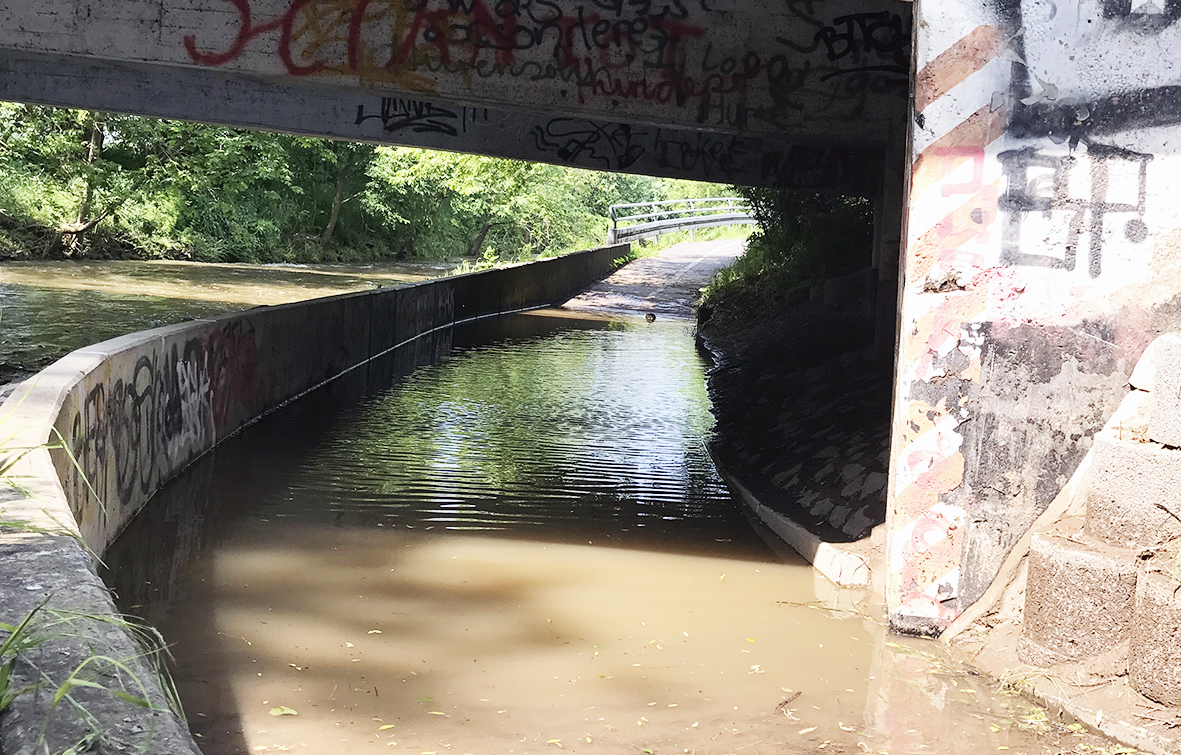 Kleines Hochwasser an Oberer Erft und Swist, Fußgängerunterführung einer Brücke steht unter Wasser