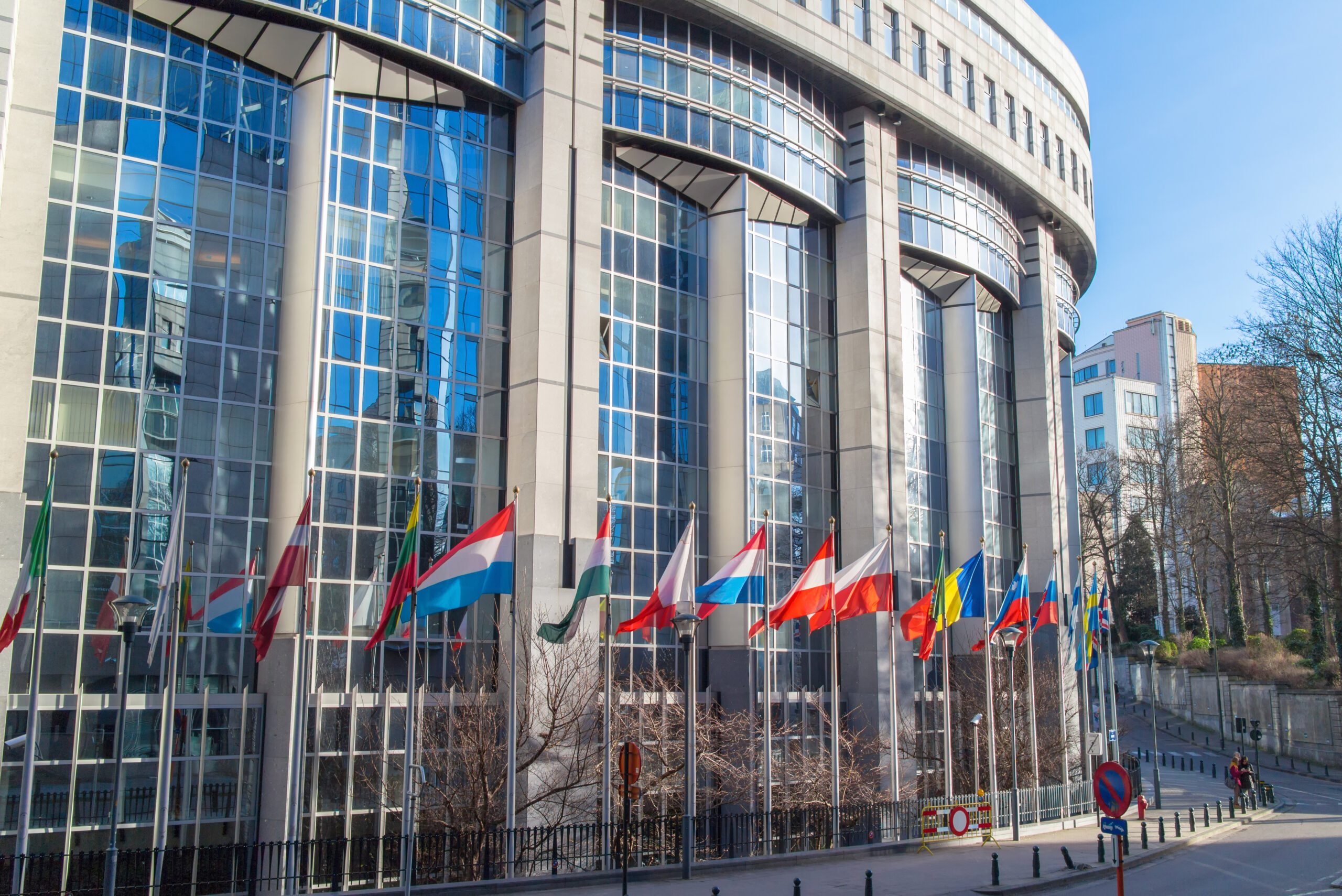 Europäisches Parlament, dass von den Flaggen der Mitgliedsstaaten umringt wird