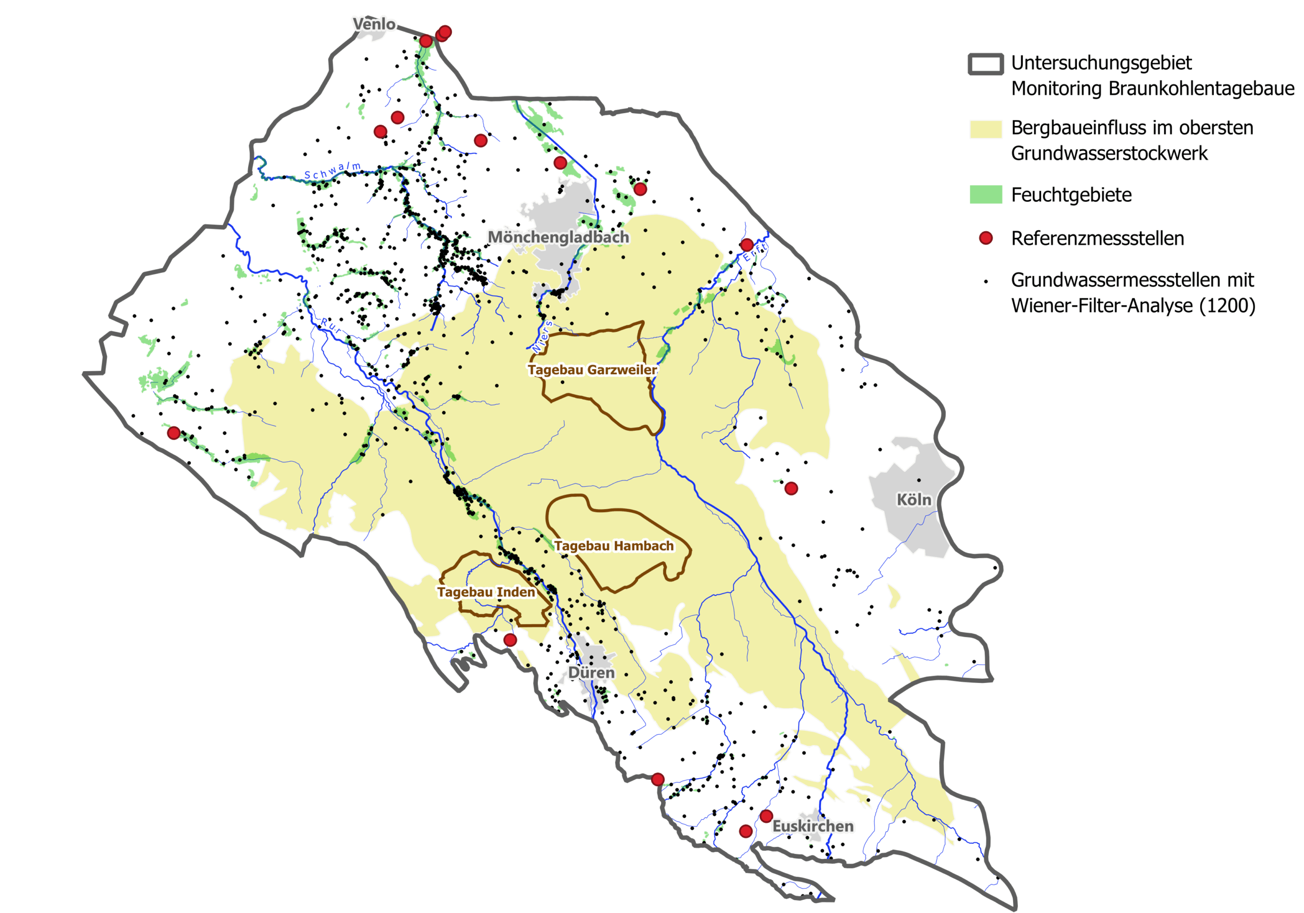 Monitoring Gebiet Abbildung 2: Monitoring Gebiet zur Überwachung des Bergbaueinflusses und Grundwassermessstellen mit Wiener-Filter-Analyse.