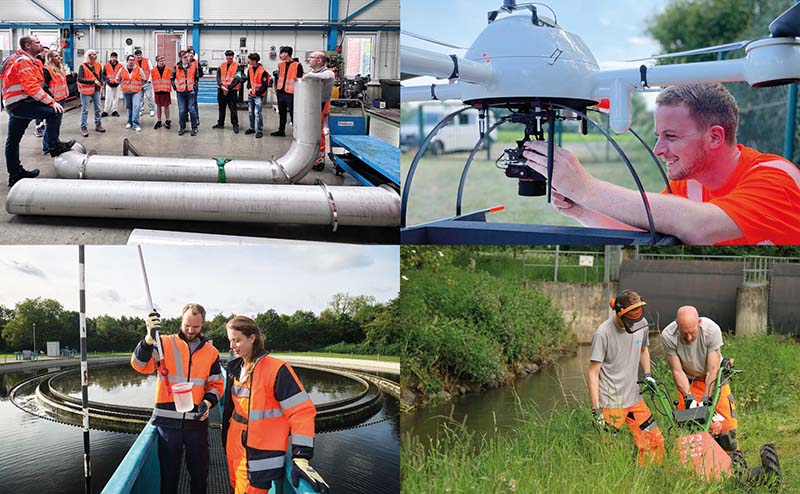 Zusammenstellung von Fotos für den Berufsinformationstag. Foto oben links zeigt eine Schülergruppe vor einem Kanalrohr mit zwei Mitarbeitern des Erftverbandes. Foto oben rechts zeigt einen Vermessungstechniker mit einer Drohne. Foto unten links zeigt eine Wasserprobenahme an einem Klärbecken mit zwei Mitarbeitern des Erftverbandes. Foto unten rechts zeigt einen Auszubildenden und seinen Ausbilder während Mäharbeiten am Ufer der Erft.