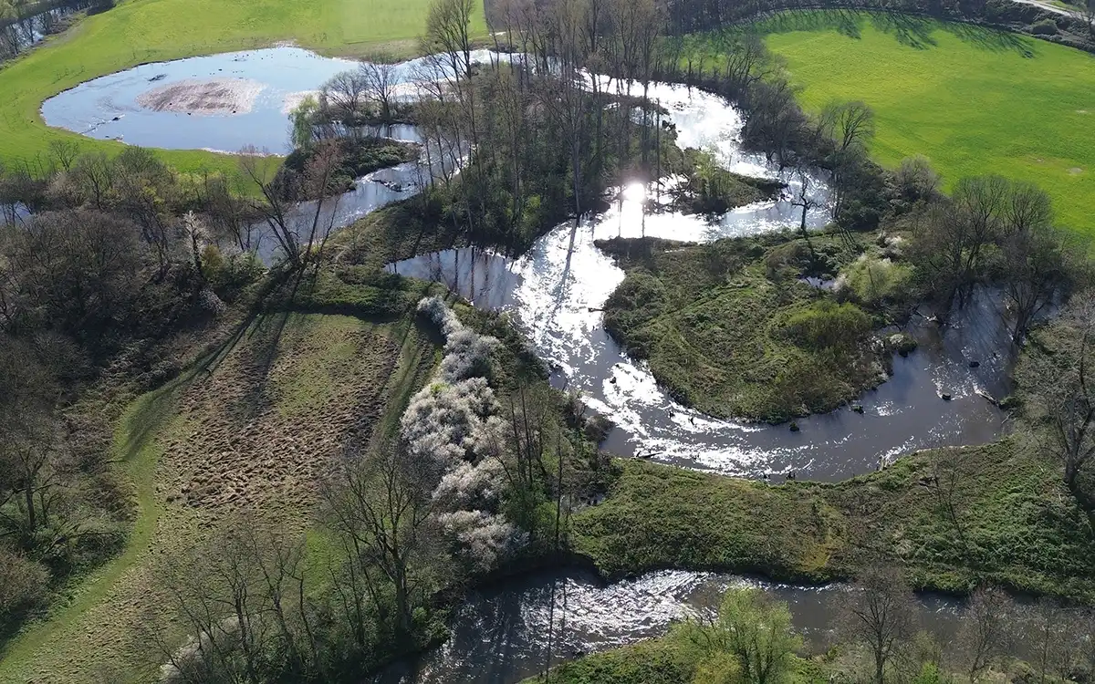 Drohnenblick auf die Renaturierung in Neuss Gnadental